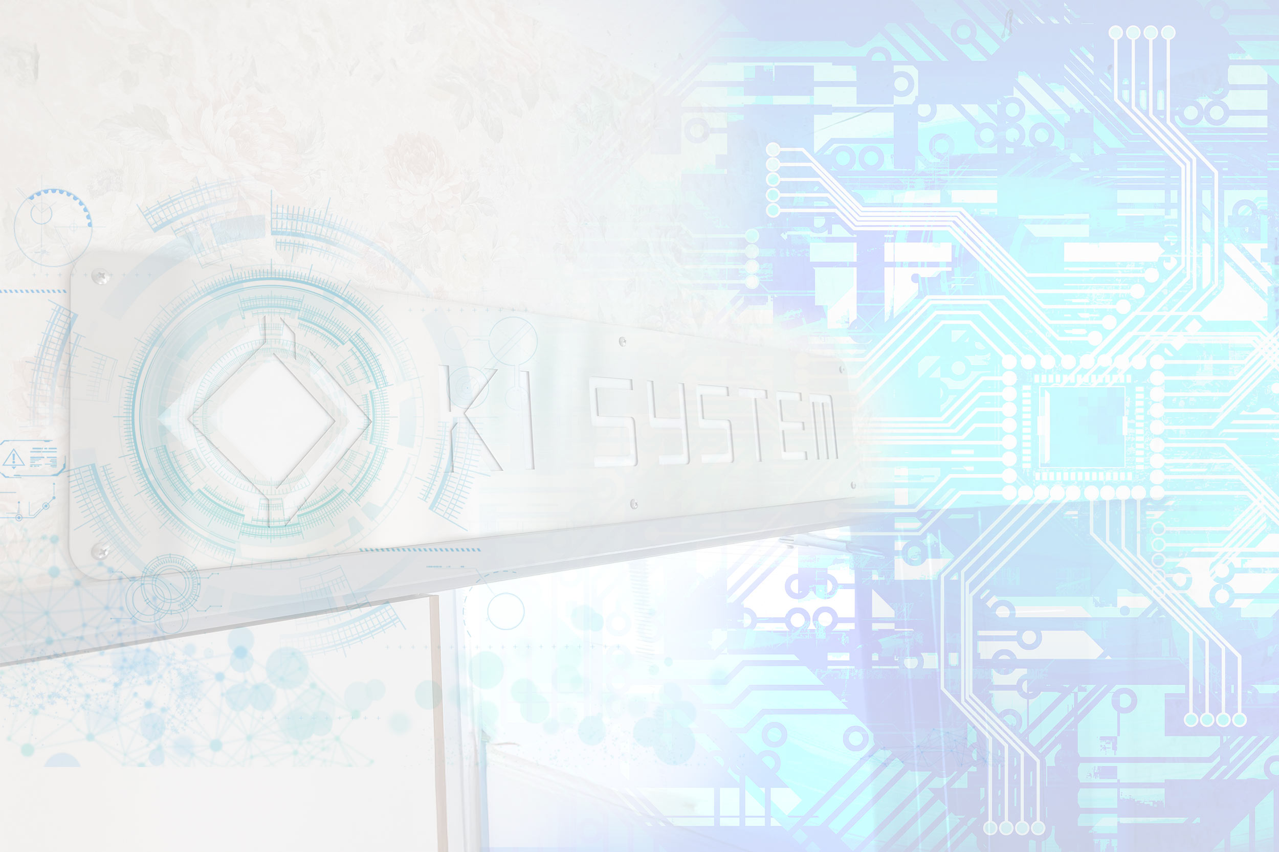 株式会社ケーアイシステムのロゴ看板とデジタル背景