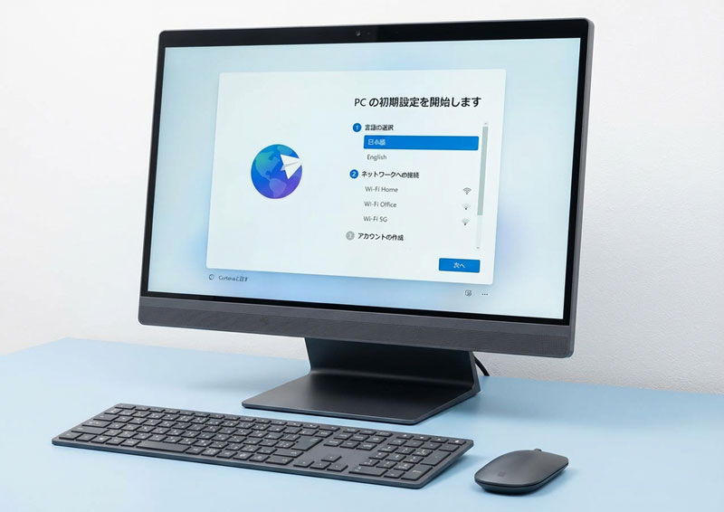 パソコンの初期設定時に言語とネットワークを選択する画面
